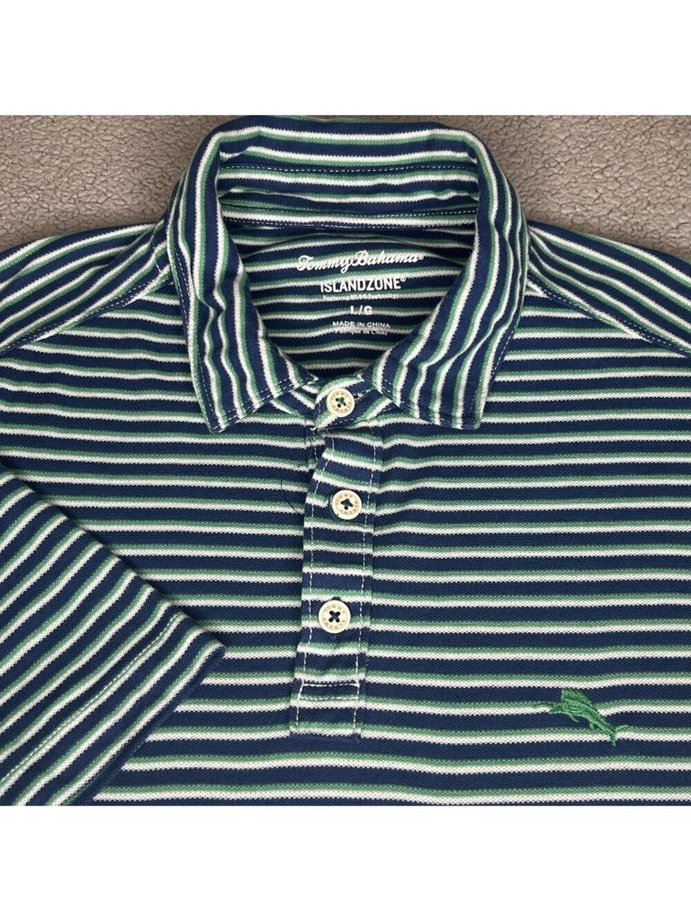Tommy Bahama Polo Shirt Mens Large Blue Green Stripe IslandZone Marlin Golf